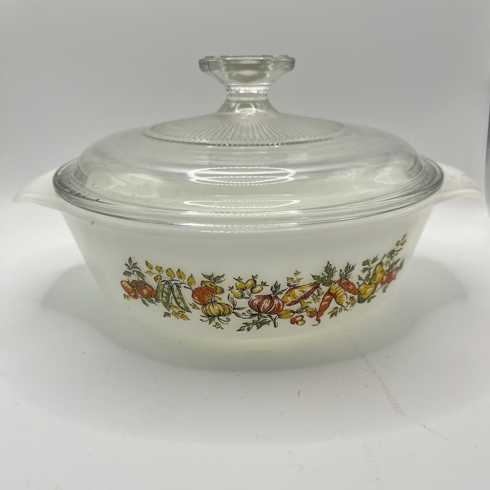 Fire-King Milk Glass 1 Quart Vegetable Harvest Round Casserole Dish W/Glass Lid